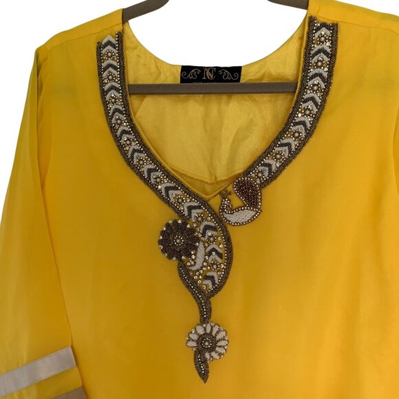 Nazila Couture size Large Yellow Kurta Tunic Beaded Applique Embroidered NWOT - Picture 2 of 8